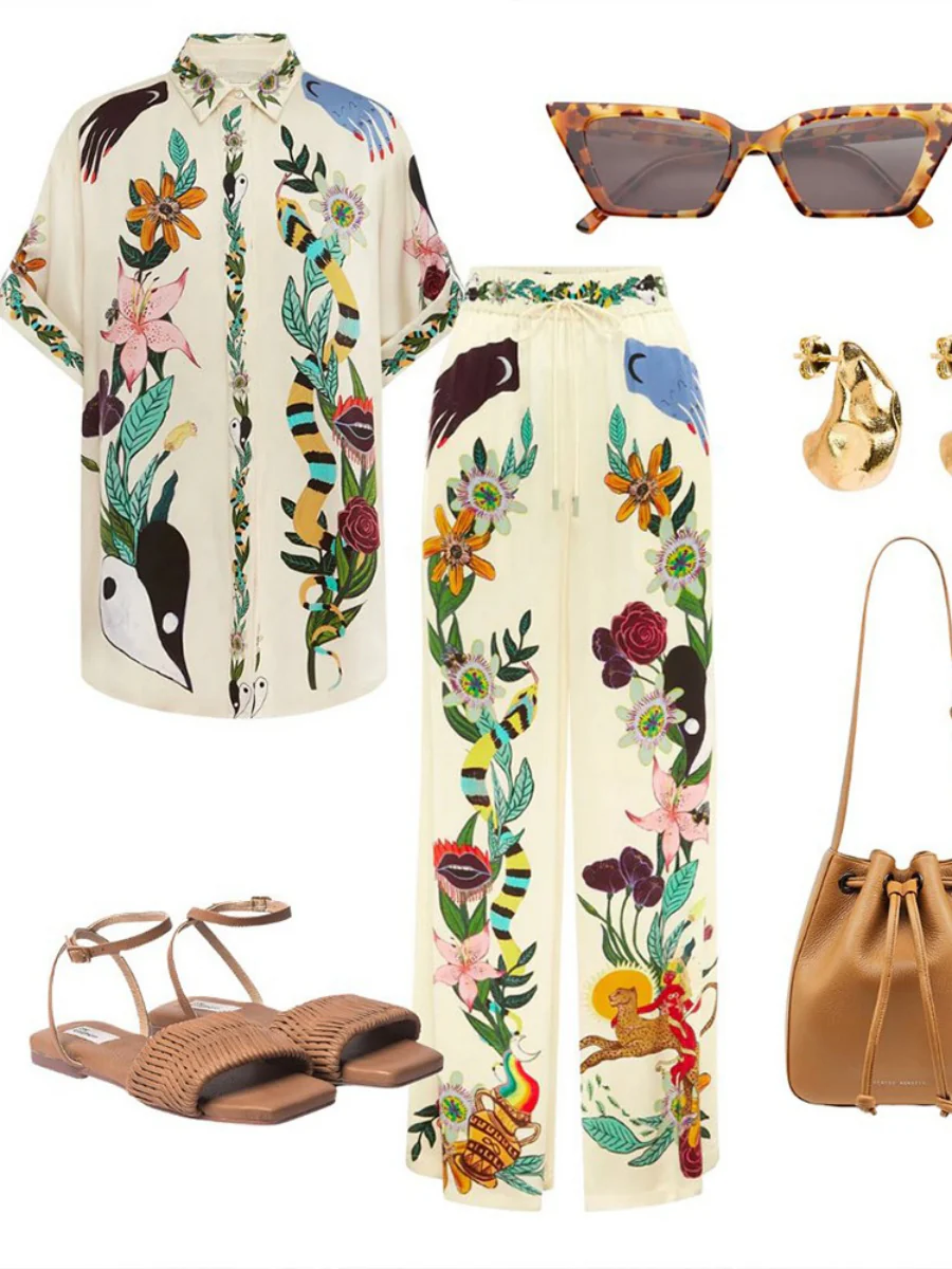Printed Vacation Long-sleeved Shirt Pants Wide Leg Set 2-piece Sets - Image 4