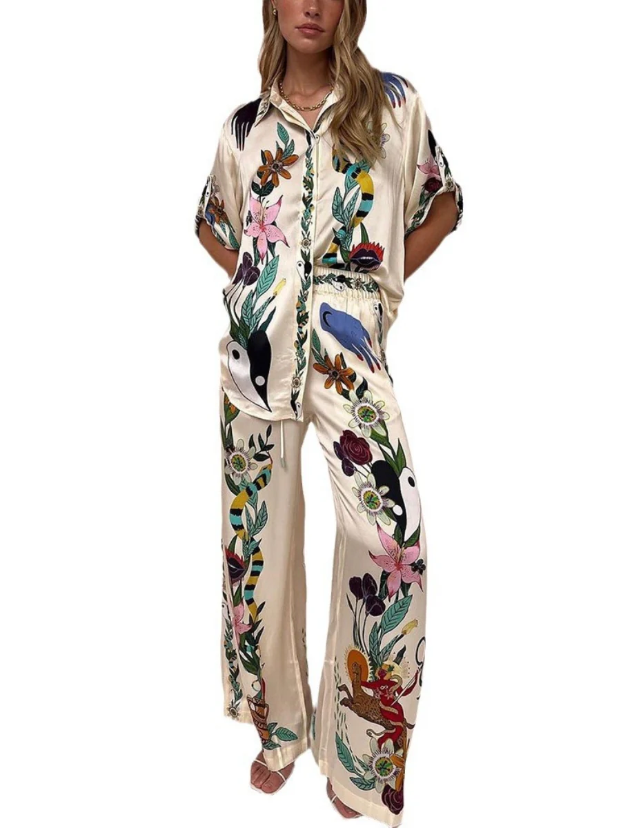Printed Vacation Long-sleeved Shirt Pants Wide Leg Set 2-piece Sets - Image 5