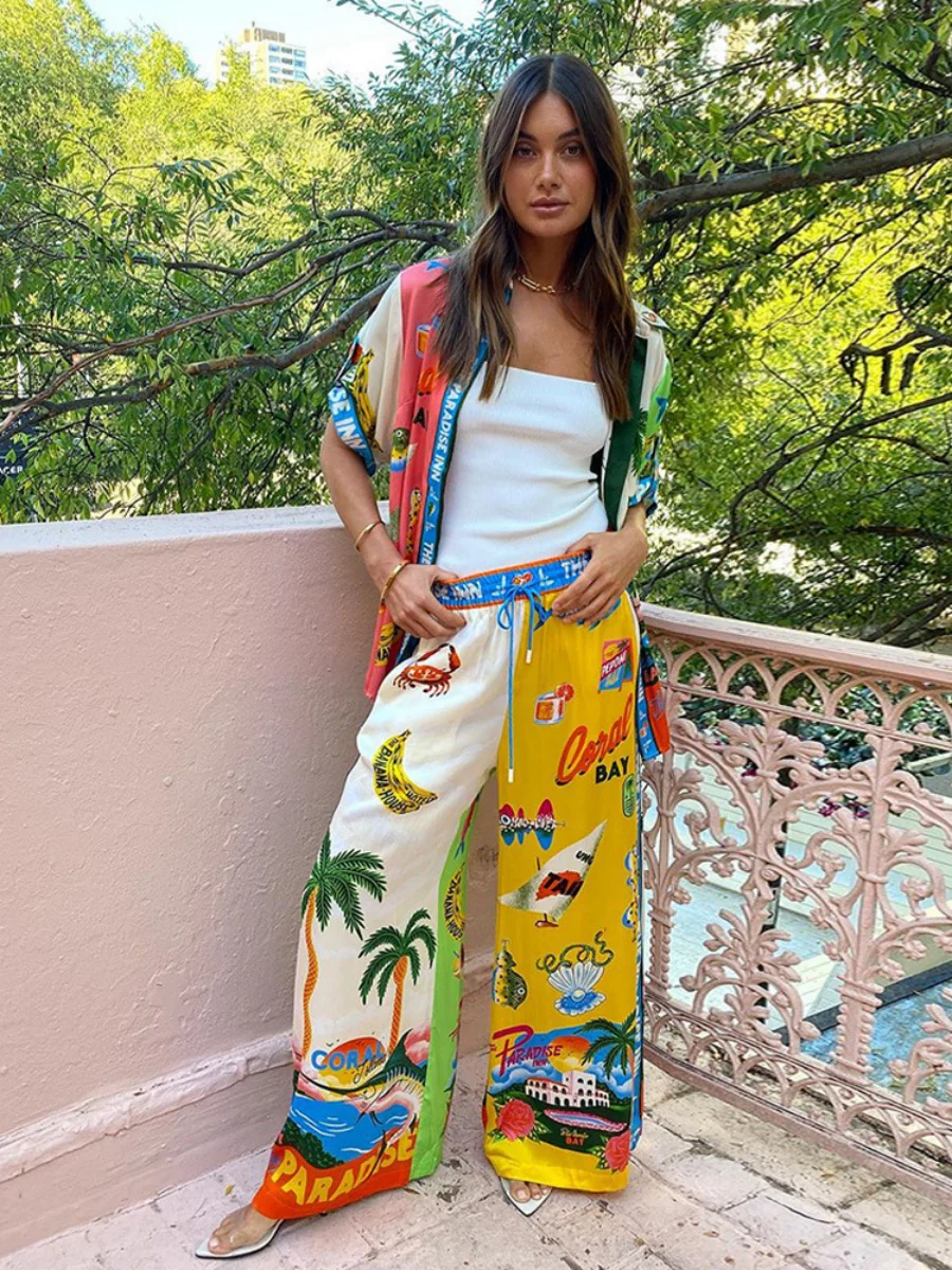Printed Vacation Long-sleeved Shirt Pants Wide Leg Set 2-piece Sets - Image 6
