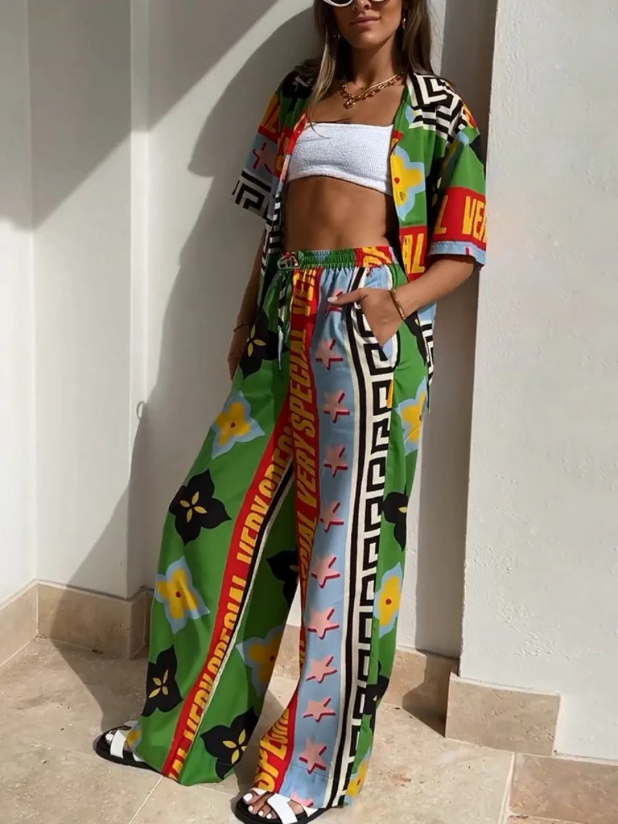 Printed Vacation Long-sleeved Shirt Pants Wide Leg Set 2-piece Sets - Image 8