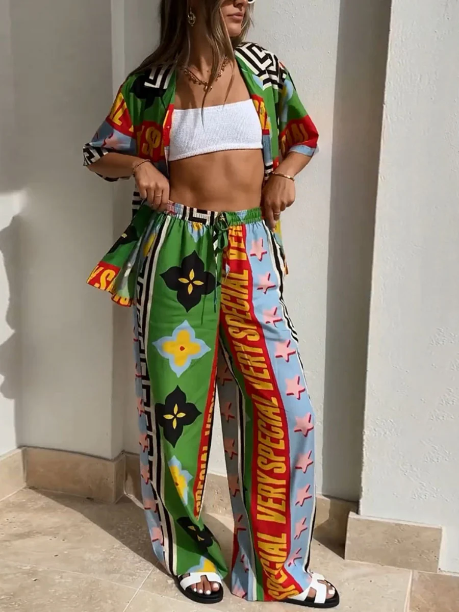 Printed Vacation Long-sleeved Shirt Pants Wide Leg Set 2-piece Sets - Image 9