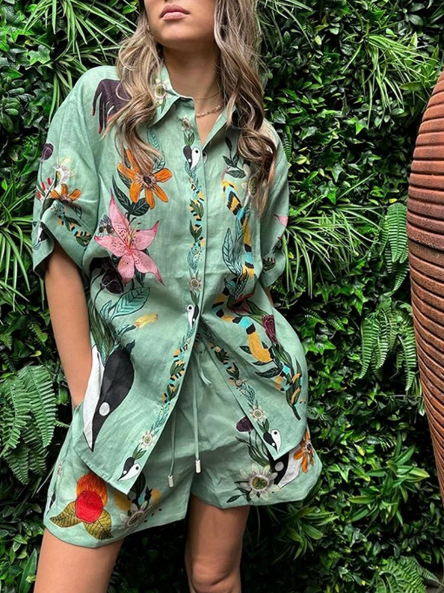 Printed Vacation Long-sleeved Shirt Shorts Set 2-piece Sets - Image 2