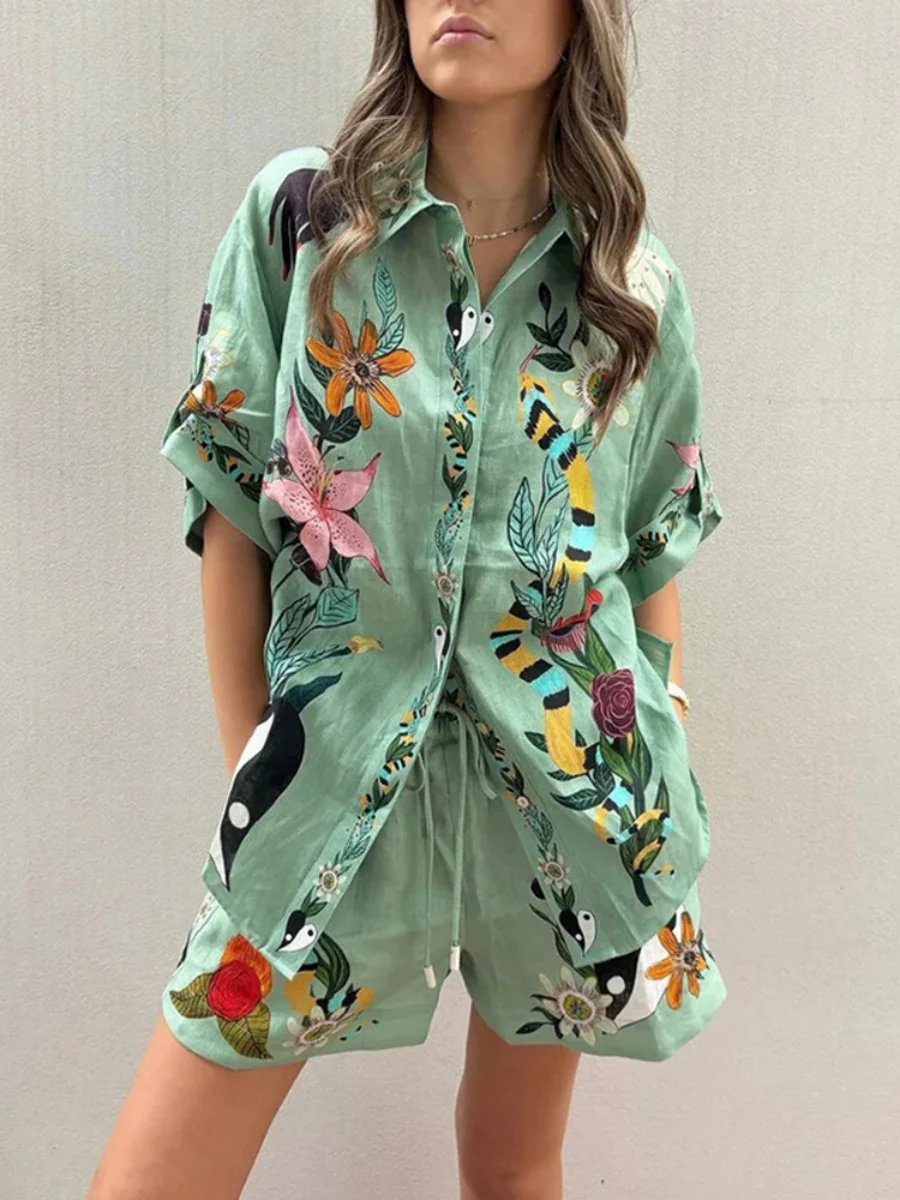 Printed Vacation Long-sleeved Shirt Shorts Set 2-piece Sets - Image 3