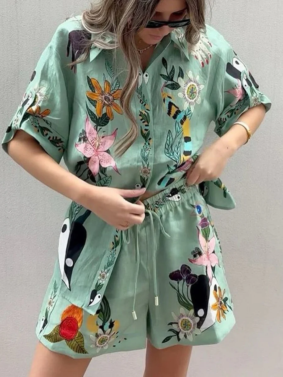 Printed Vacation Long-sleeved Shirt Shorts Set 2-piece Sets - Image 4