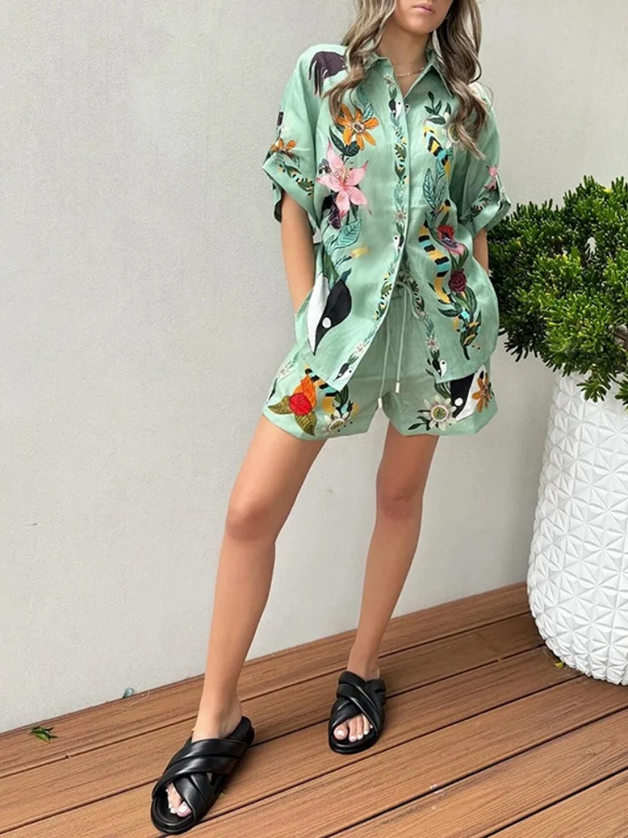Printed Vacation Long-sleeved Shirt Shorts Set 2-piece Sets - Image 5