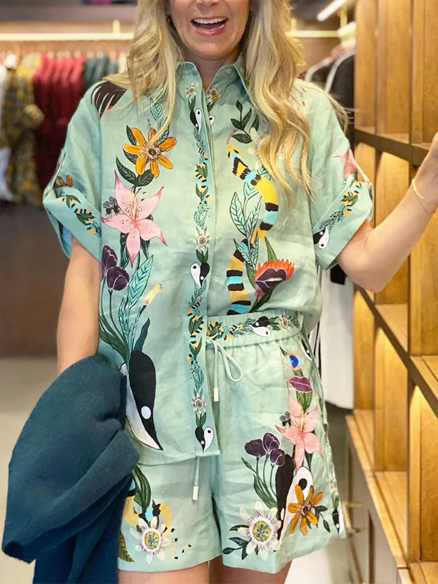 Printed Vacation Long-sleeved Shirt Shorts Set 2-piece Sets - Image 6