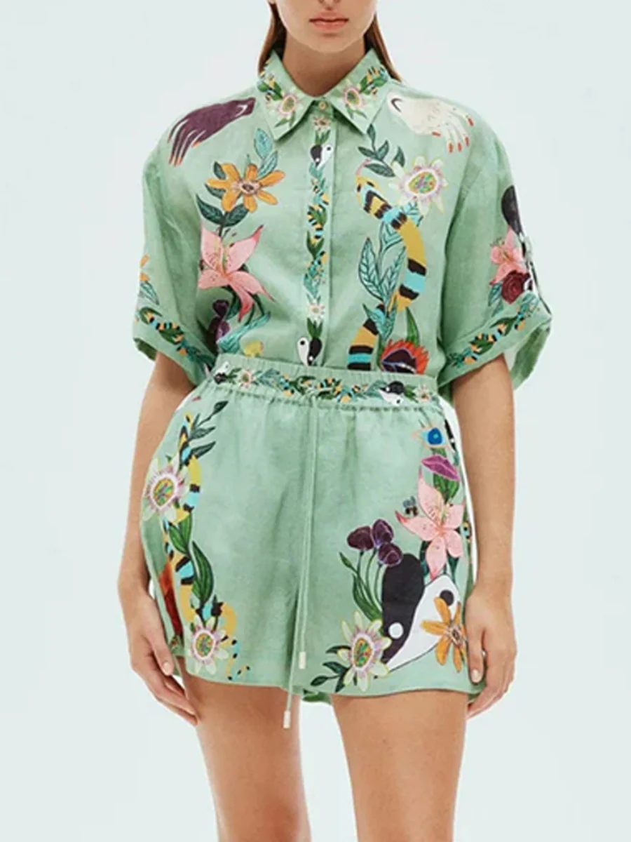 Printed Vacation Long-sleeved Shirt Shorts Set 2-piece Sets - Image 7