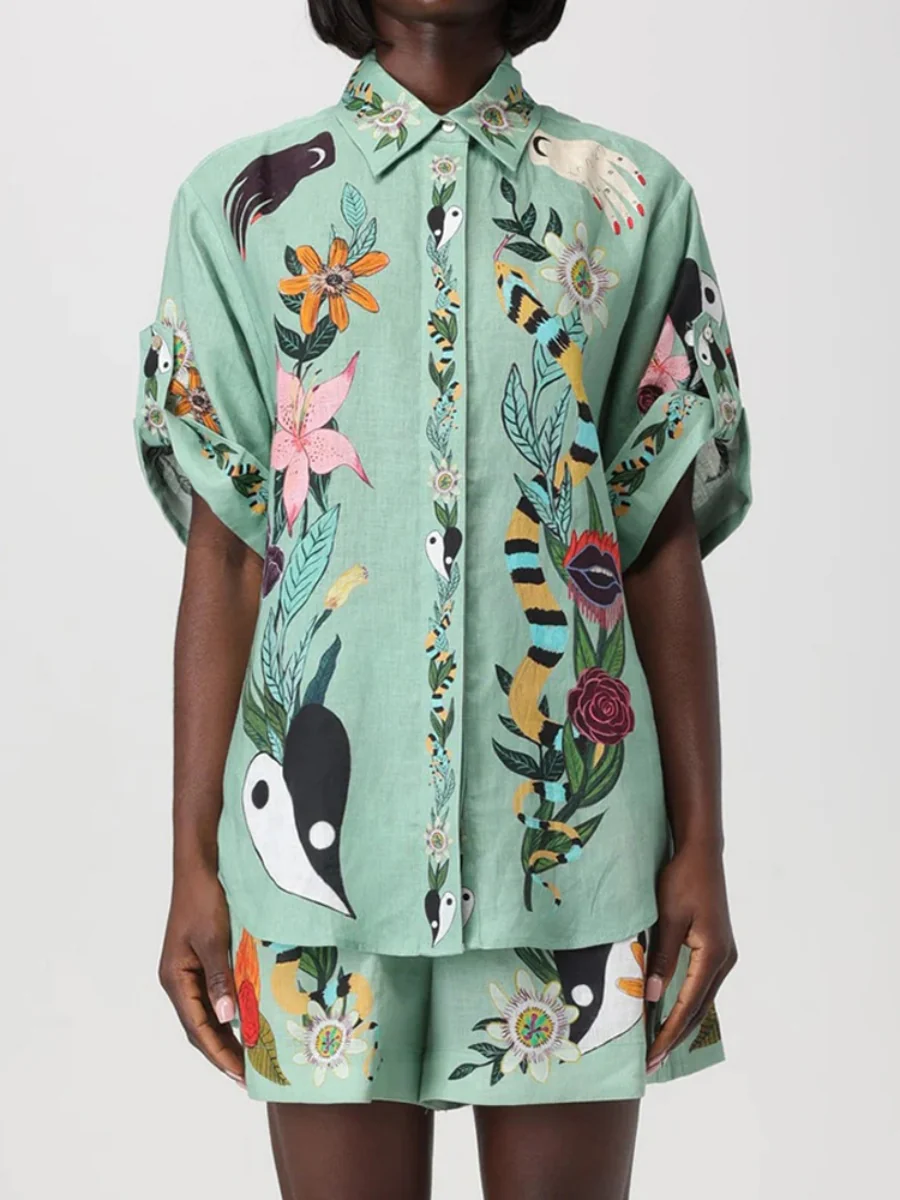 Printed Vacation Long-sleeved Shirt Shorts Set 2-piece Sets - Image 8