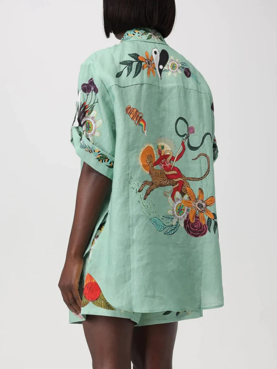 Printed Vacation Long-sleeved Shirt Shorts Set 2-piece Sets - Image 9