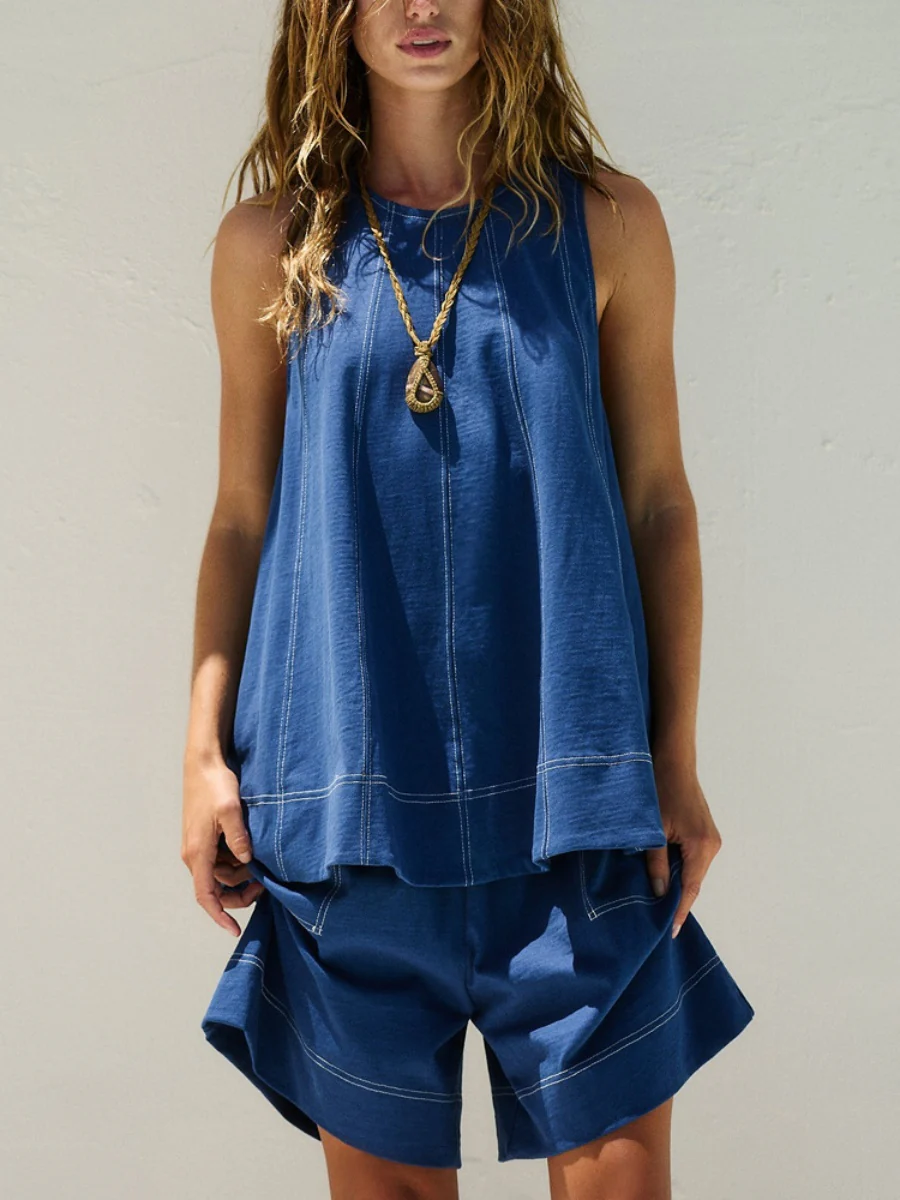 Pocket Sleeveless Tank Tops Shorts Denim Set 2-piece Sets