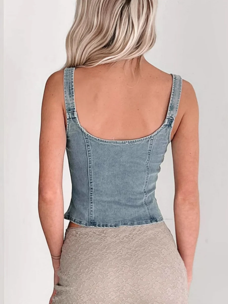 Denim Cardigan Sleeveless Zipper Tank Tops - Image 2