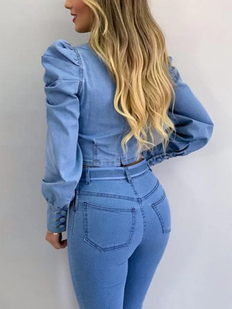 Puff Sleeves Long Sleeve Denim T-shirt - Image 3