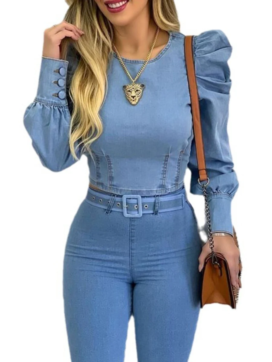 Puff Sleeves Long Sleeve Denim T-shirt - Image 4