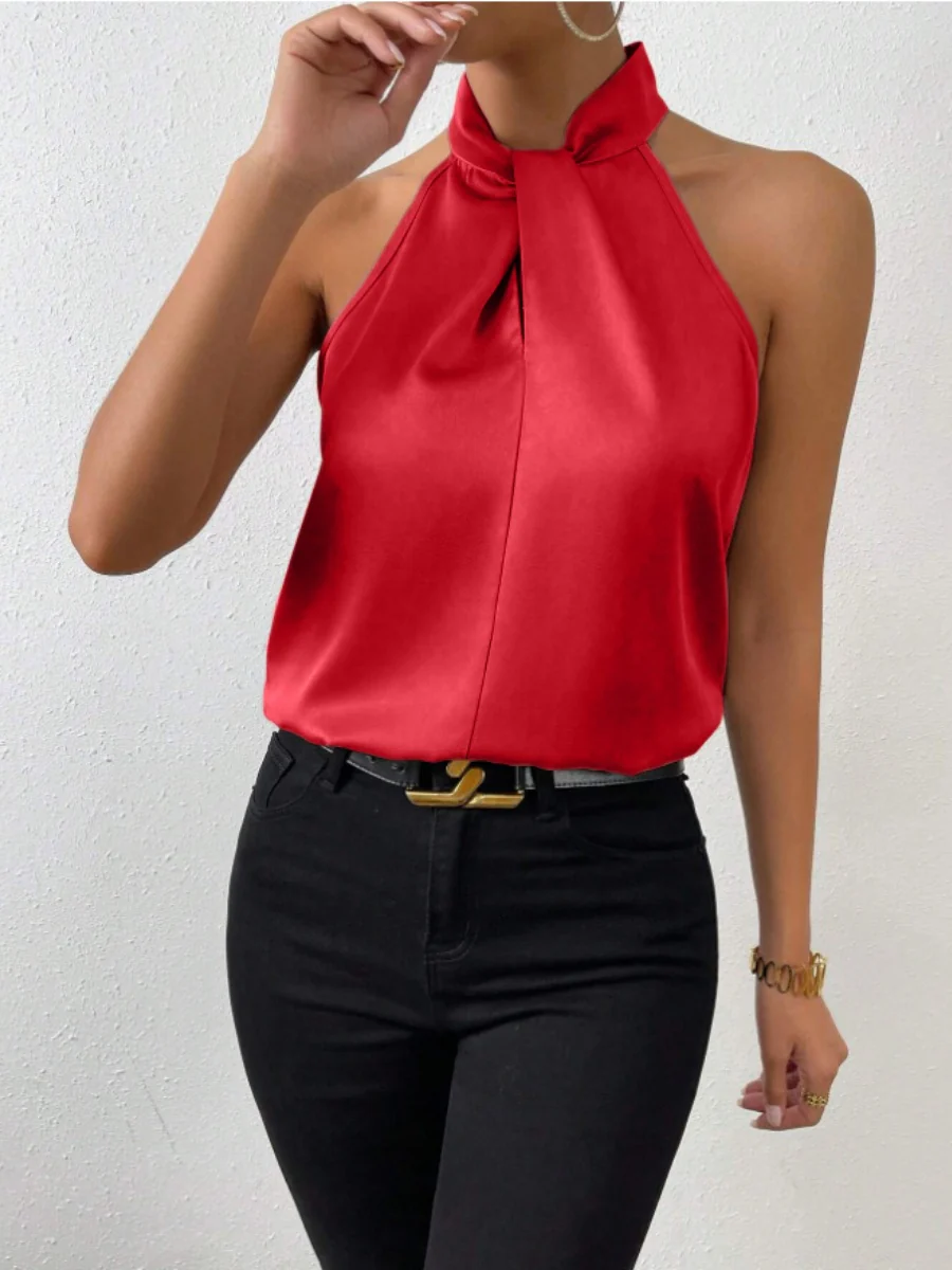 Satin Cross-cut Cutout Halter Neck Sleeveless Vest - Image 7