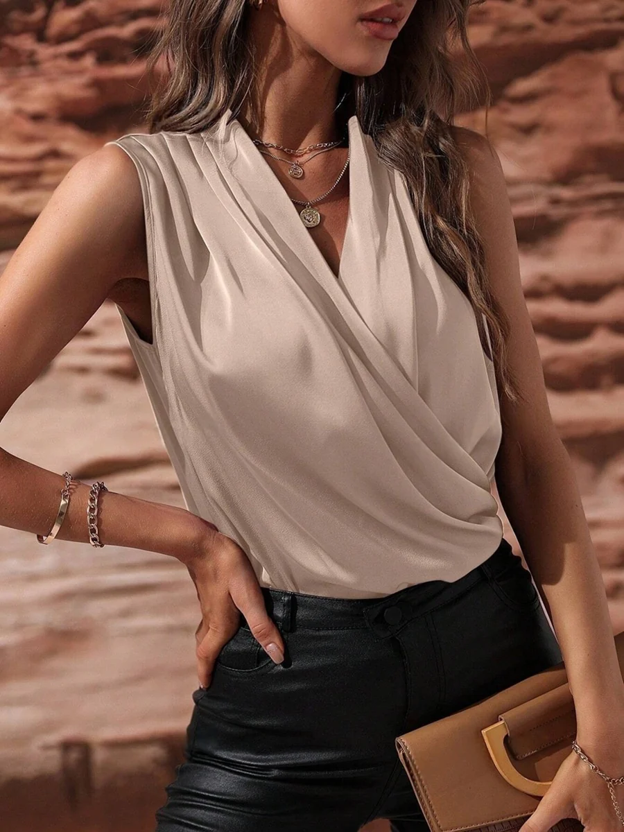V-neck Pleated Sleeveless Satin Vest - Image 10