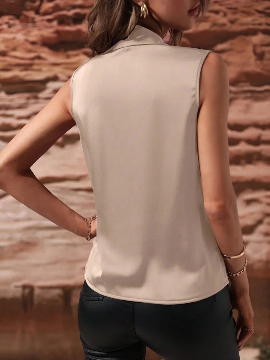 V-neck Pleated Sleeveless Satin Vest - Image 11