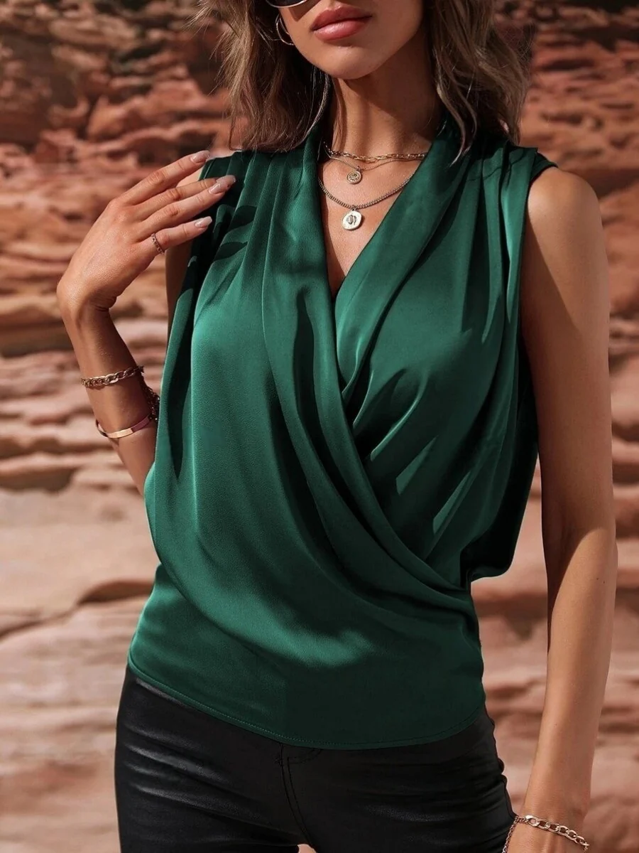 V-neck Pleated Sleeveless Satin Vest - Image 2