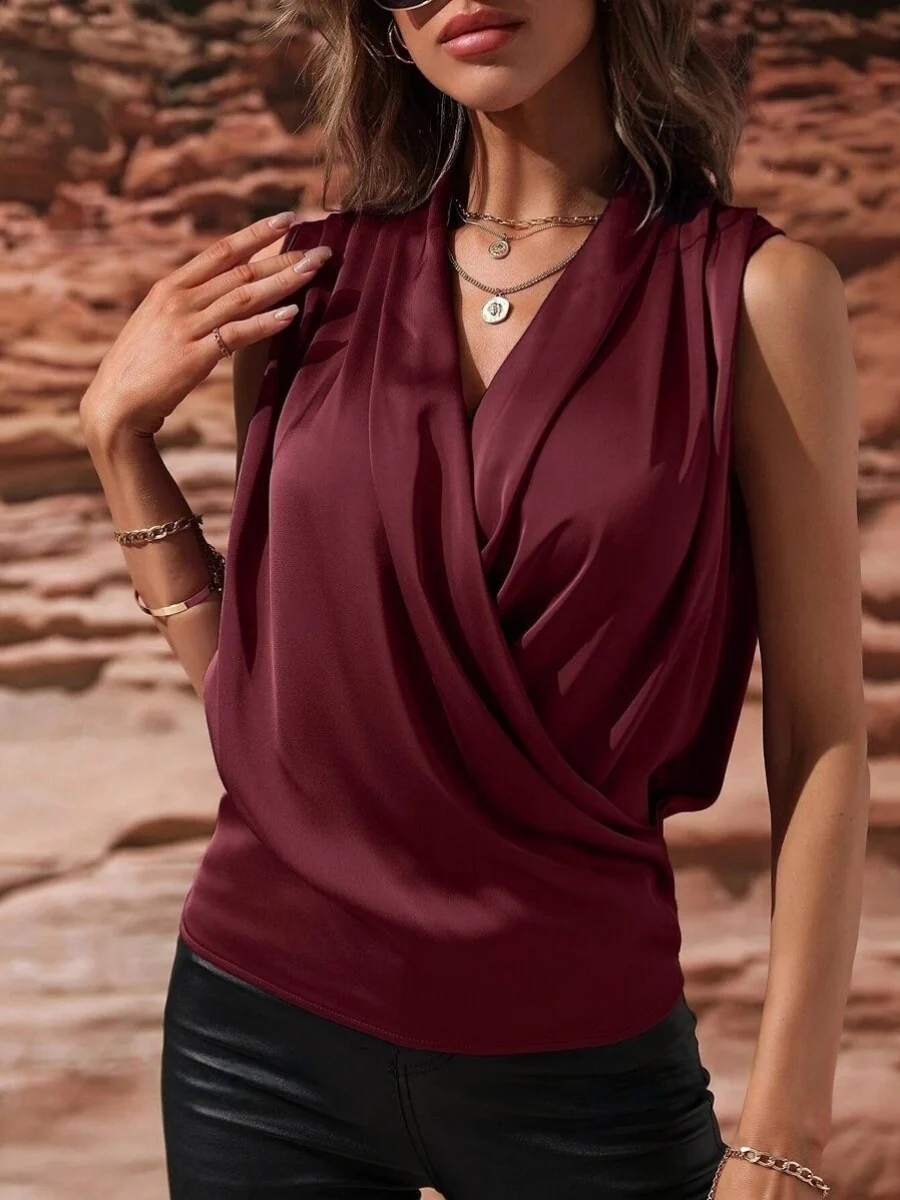 V-neck Pleated Sleeveless Satin Vest - Image 5