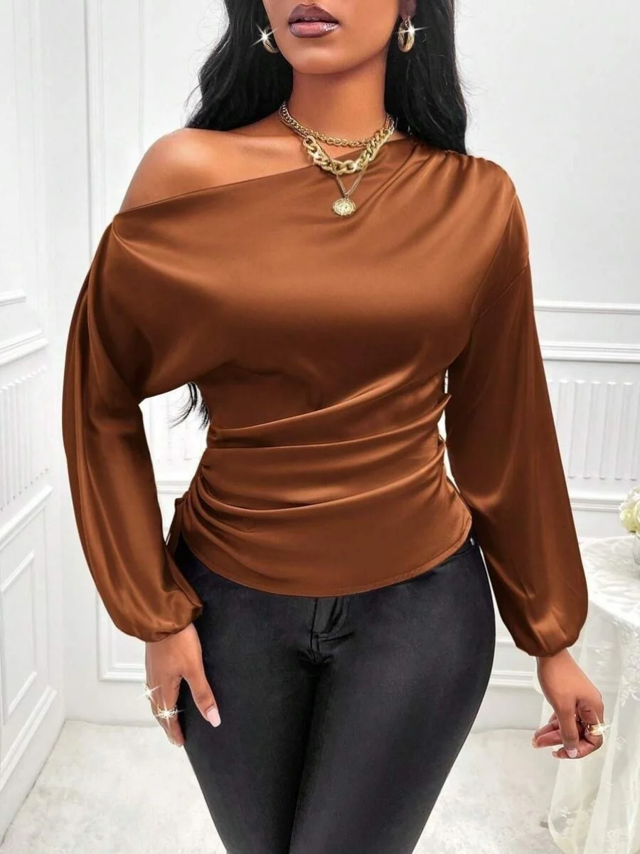Satin Drawstring Asymmetrical Long-sleeved Slanted Neck T-shirt - Image 11