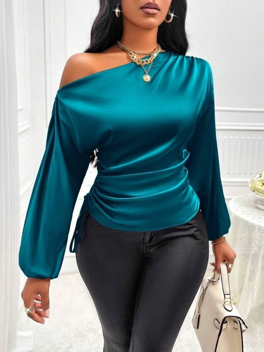 Satin Drawstring Asymmetrical Long-sleeved Slanted Neck T-shirt - Image 12