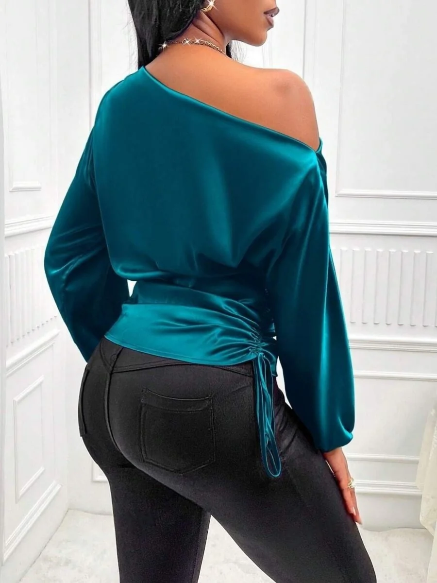 Satin Drawstring Asymmetrical Long-sleeved Slanted Neck T-shirt - Image 15