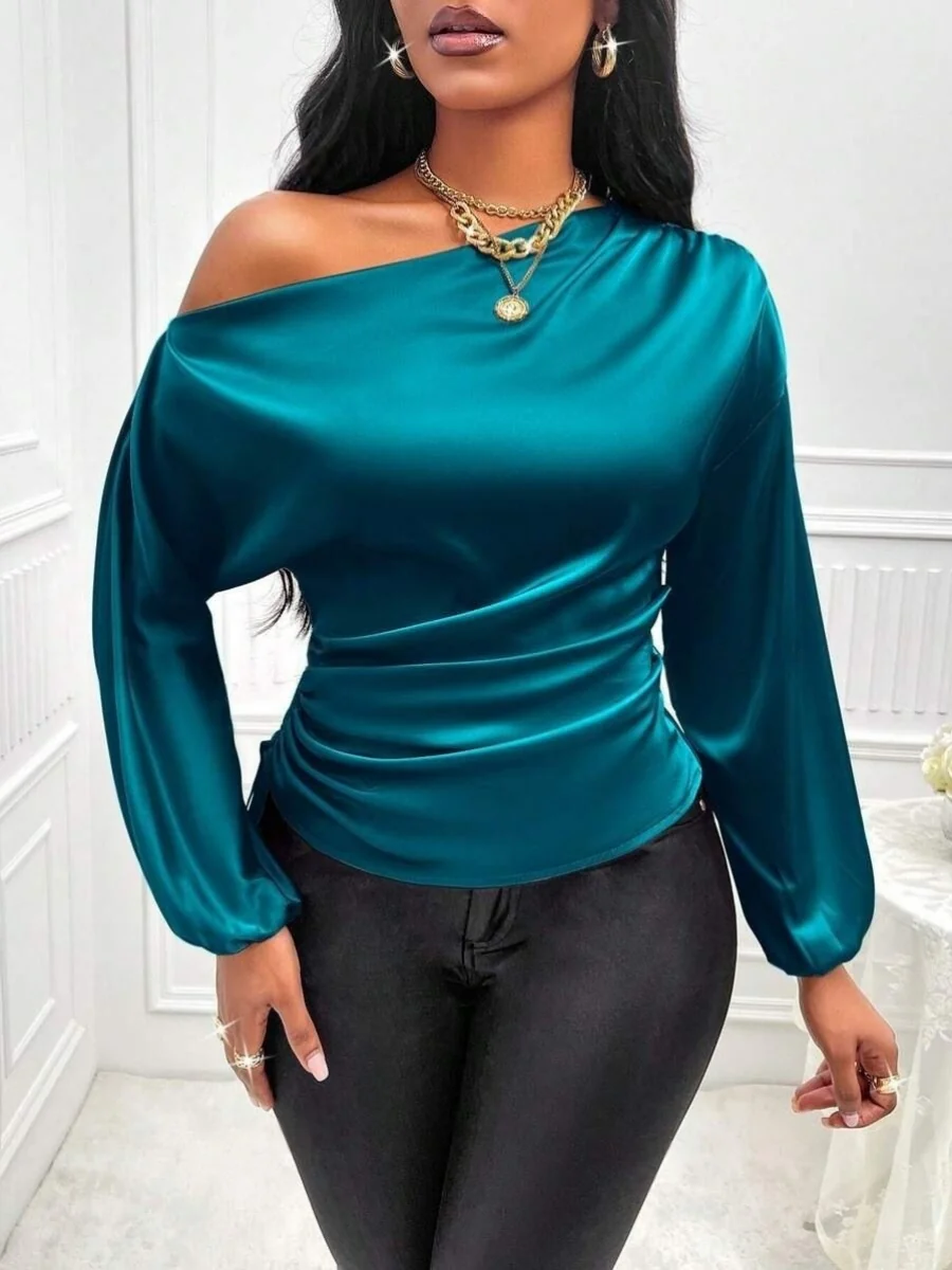 Satin Drawstring Asymmetrical Long-sleeved Slanted Neck T-shirt - Image 16