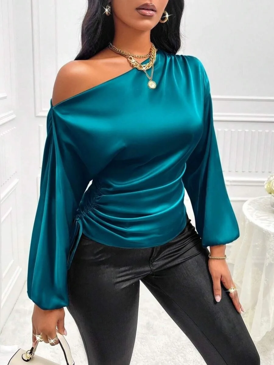 Satin Drawstring Asymmetrical Long-sleeved Slanted Neck T-shirt - Image 17