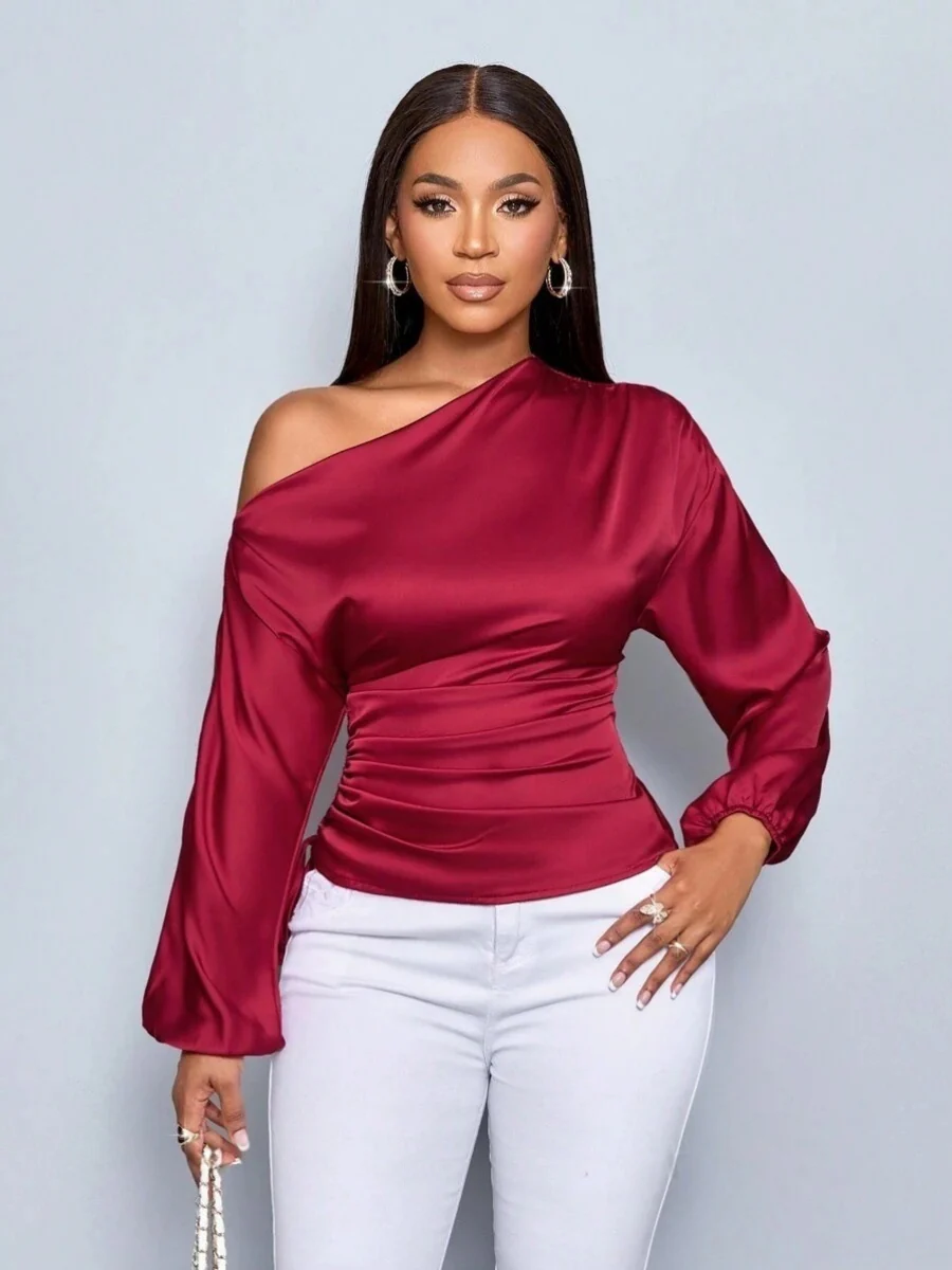 Satin Drawstring Asymmetrical Long-sleeved Slanted Neck T-shirt - Image 18
