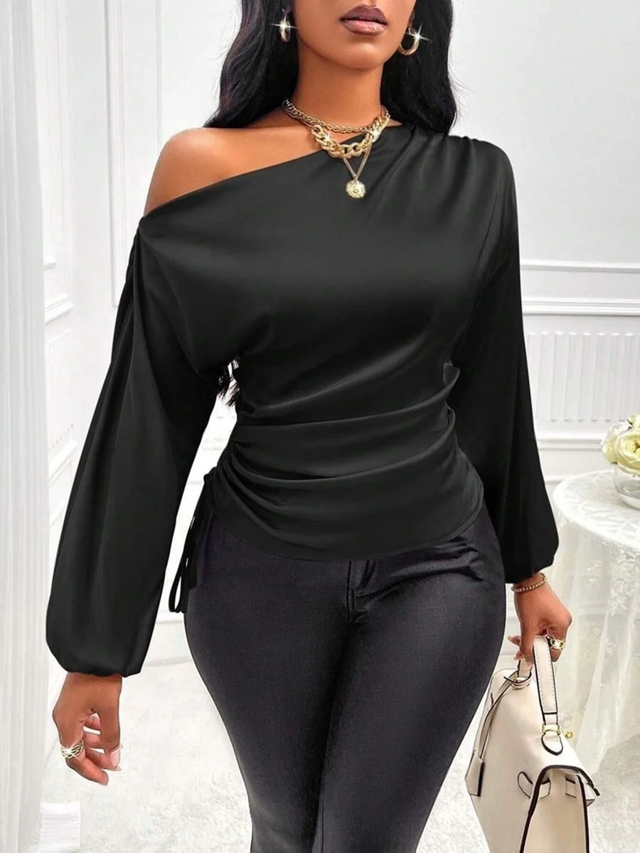 Satin Drawstring Asymmetrical Long-sleeved Slanted Neck T-shirt - Image 2