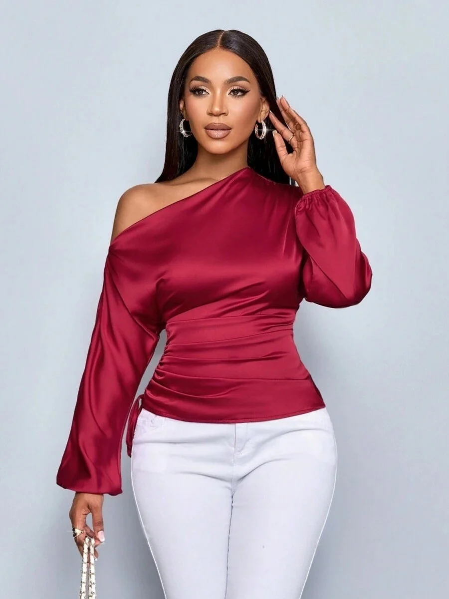 Satin Drawstring Asymmetrical Long-sleeved Slanted Neck T-shirt - Image 20