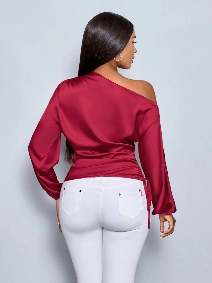 Satin Drawstring Asymmetrical Long-sleeved Slanted Neck T-shirt - Image 21