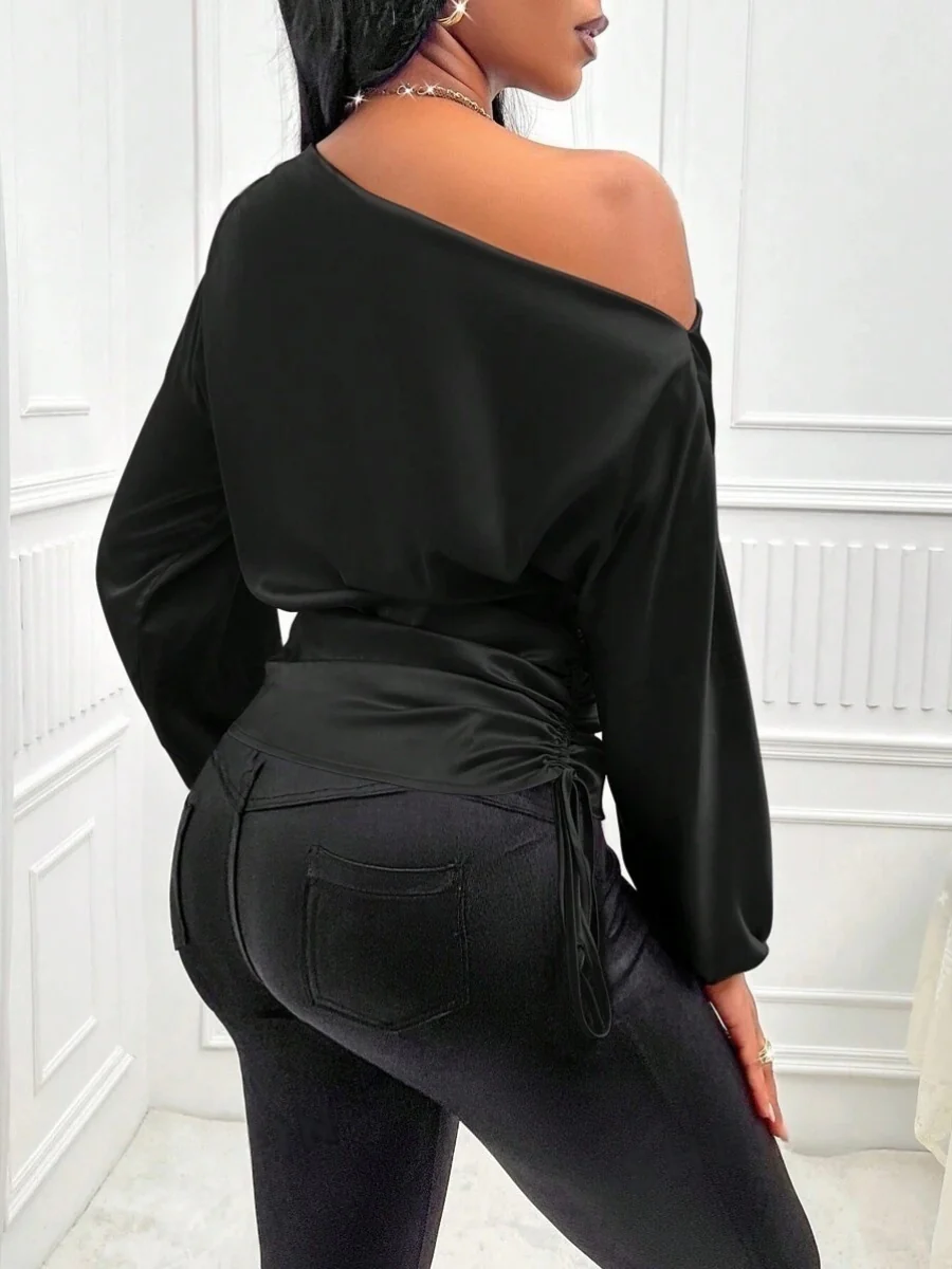 Satin Drawstring Asymmetrical Long-sleeved Slanted Neck T-shirt - Image 3