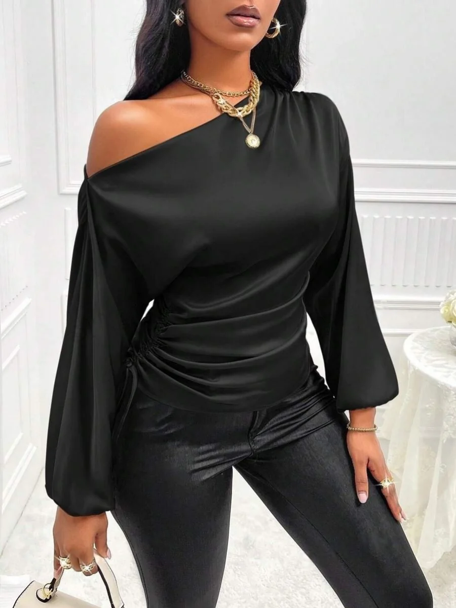 Satin Drawstring Asymmetrical Long-sleeved Slanted Neck T-shirt - Image 4