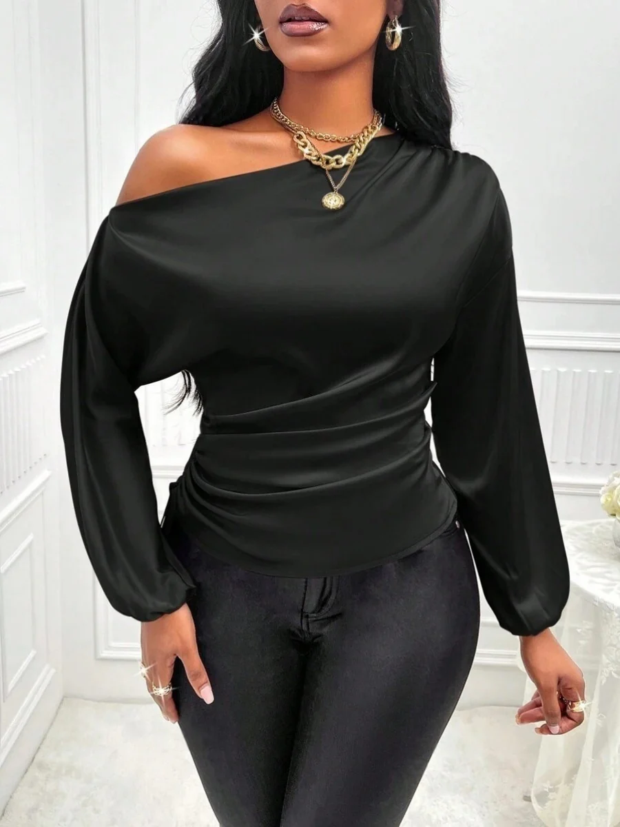 Satin Drawstring Asymmetrical Long-sleeved Slanted Neck T-shirt - Image 6
