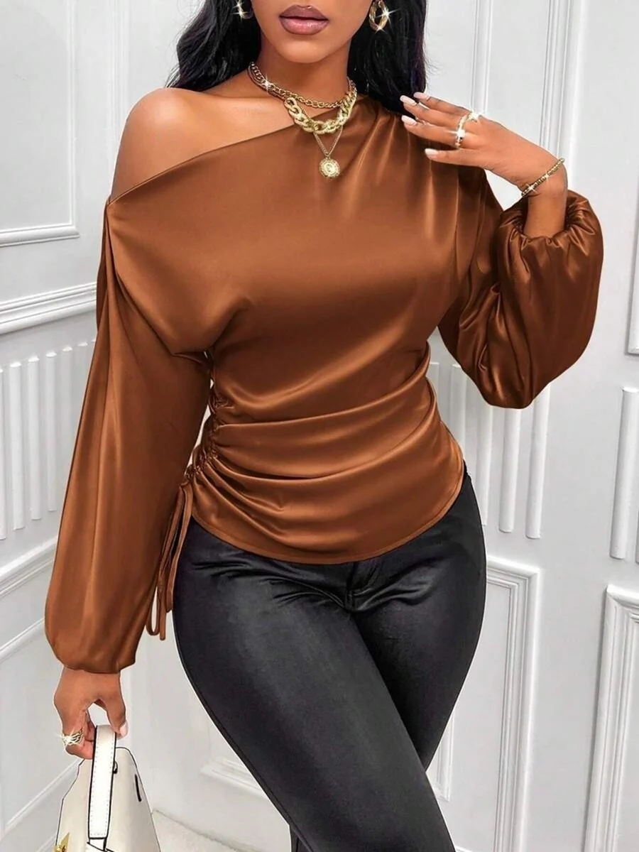 Satin Drawstring Asymmetrical Long-sleeved Slanted Neck T-shirt - Image 7