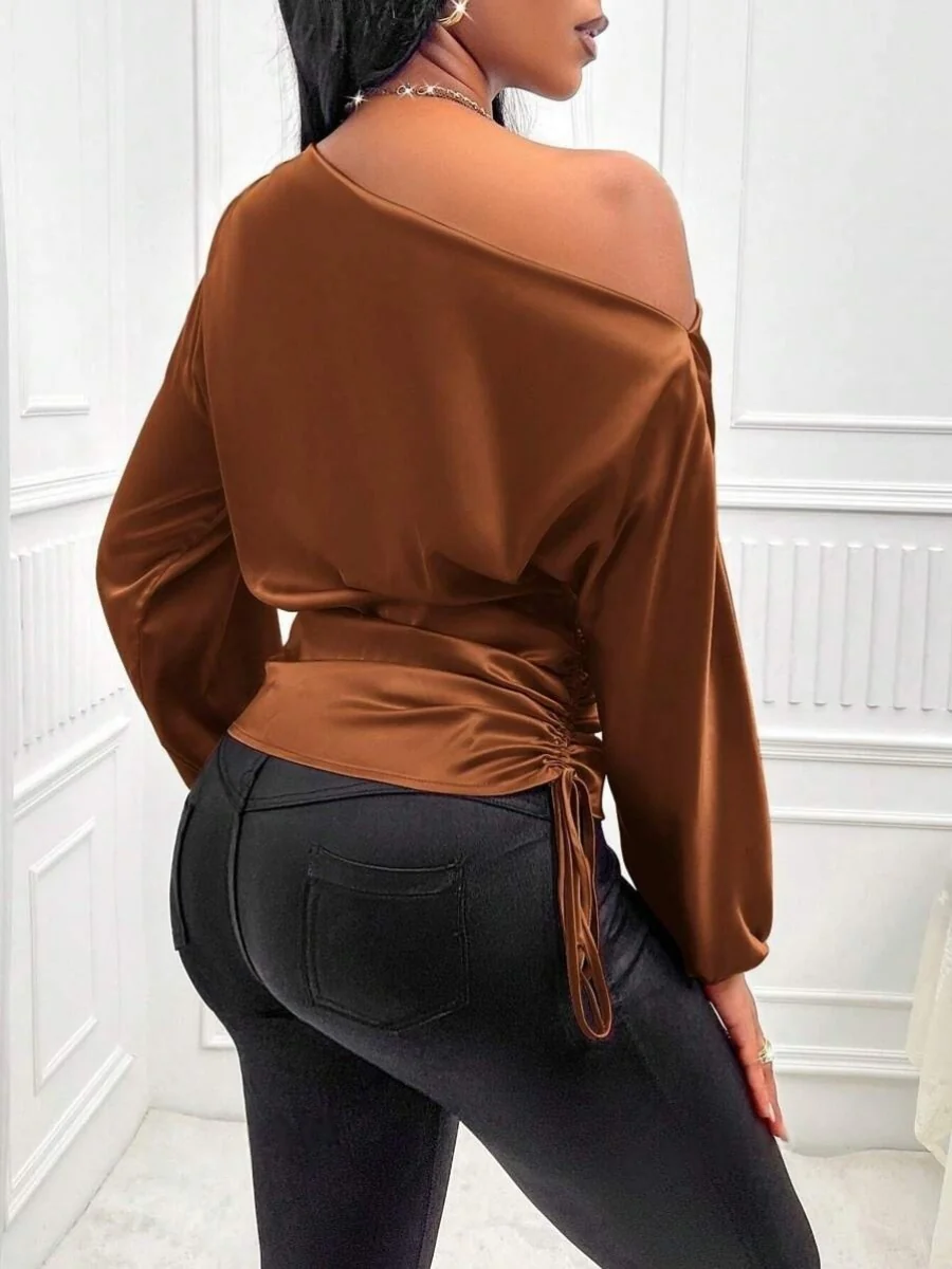 Satin Drawstring Asymmetrical Long-sleeved Slanted Neck T-shirt - Image 8