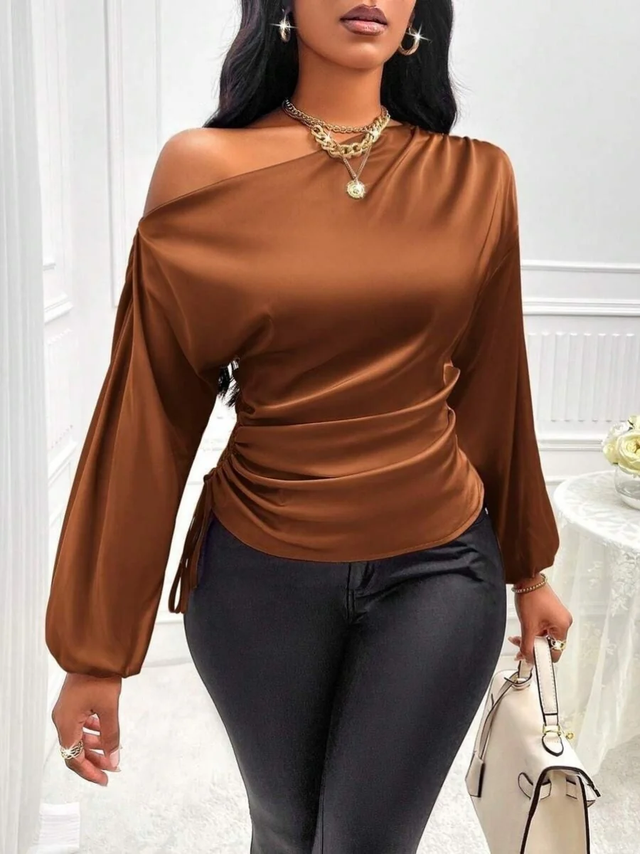 Satin Drawstring Asymmetrical Long-sleeved Slanted Neck T-shirt - Image 9