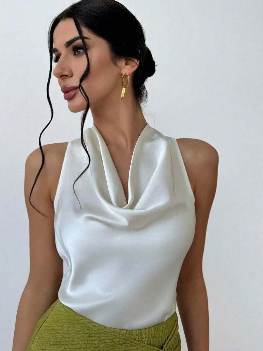 Pleats Solid Color Sexy Sleeveless Satin Satin Vest