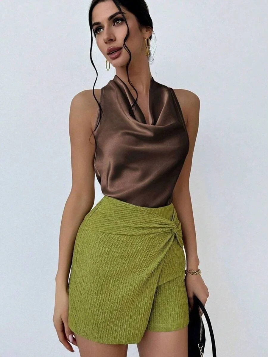 Pleats Solid Color Sexy Sleeveless Satin Satin Vest - Image 10