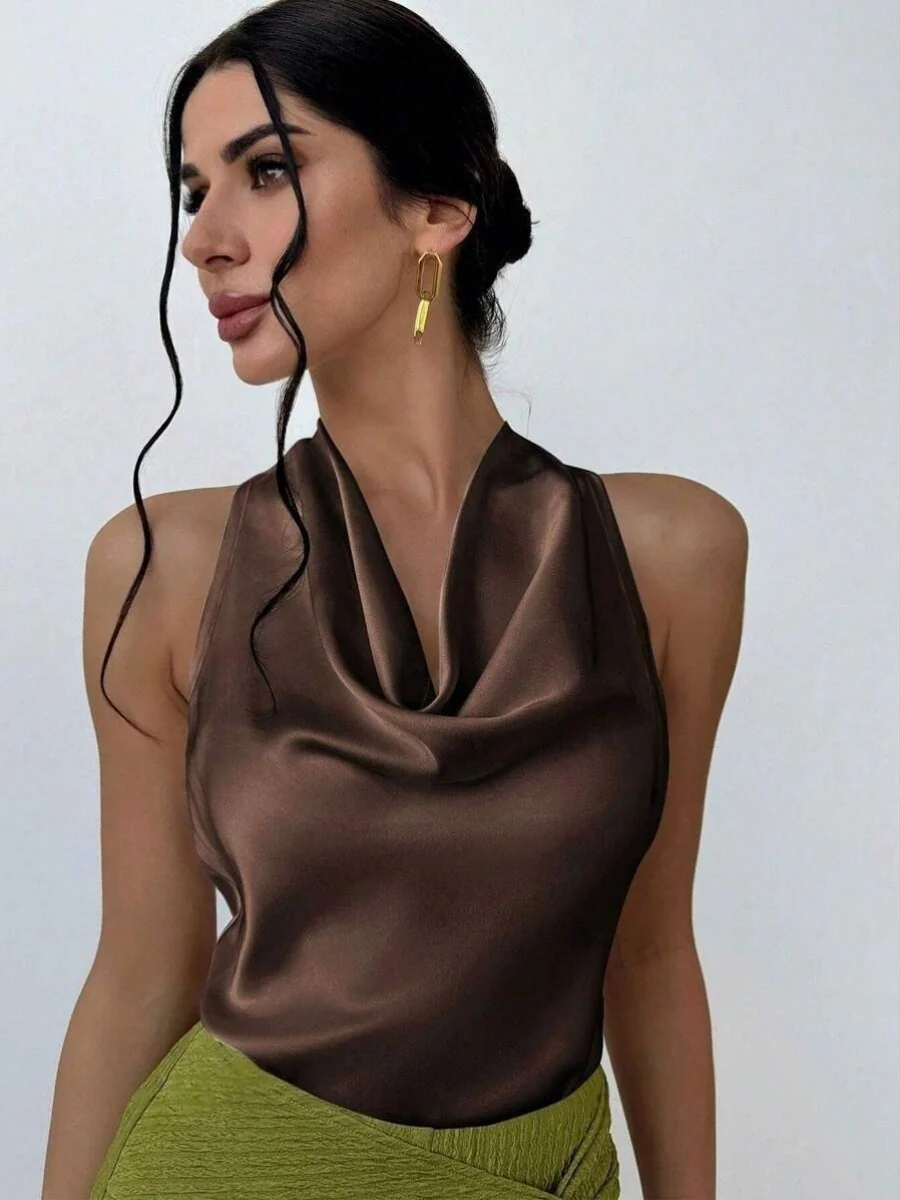 Pleats Solid Color Sexy Sleeveless Satin Satin Vest - Image 11
