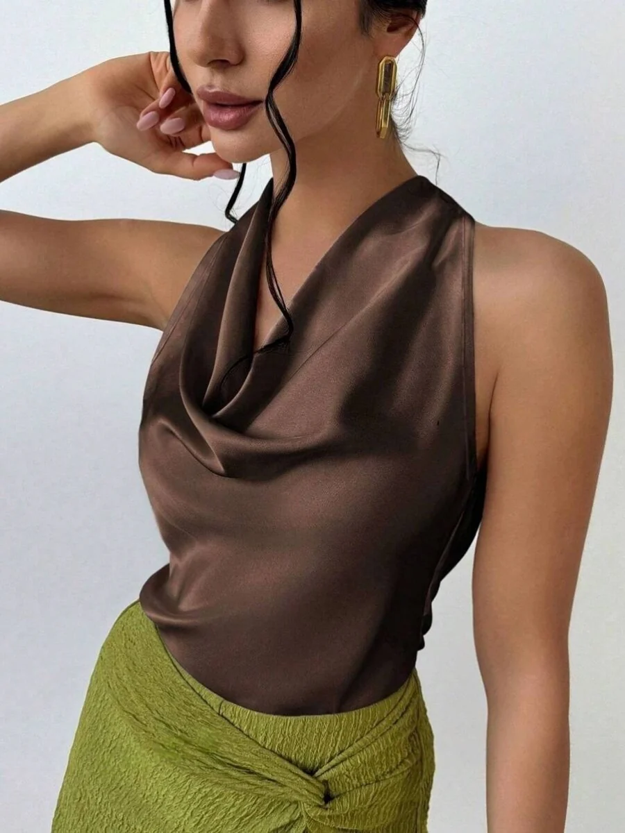 Pleats Solid Color Sexy Sleeveless Satin Satin Vest - Image 12