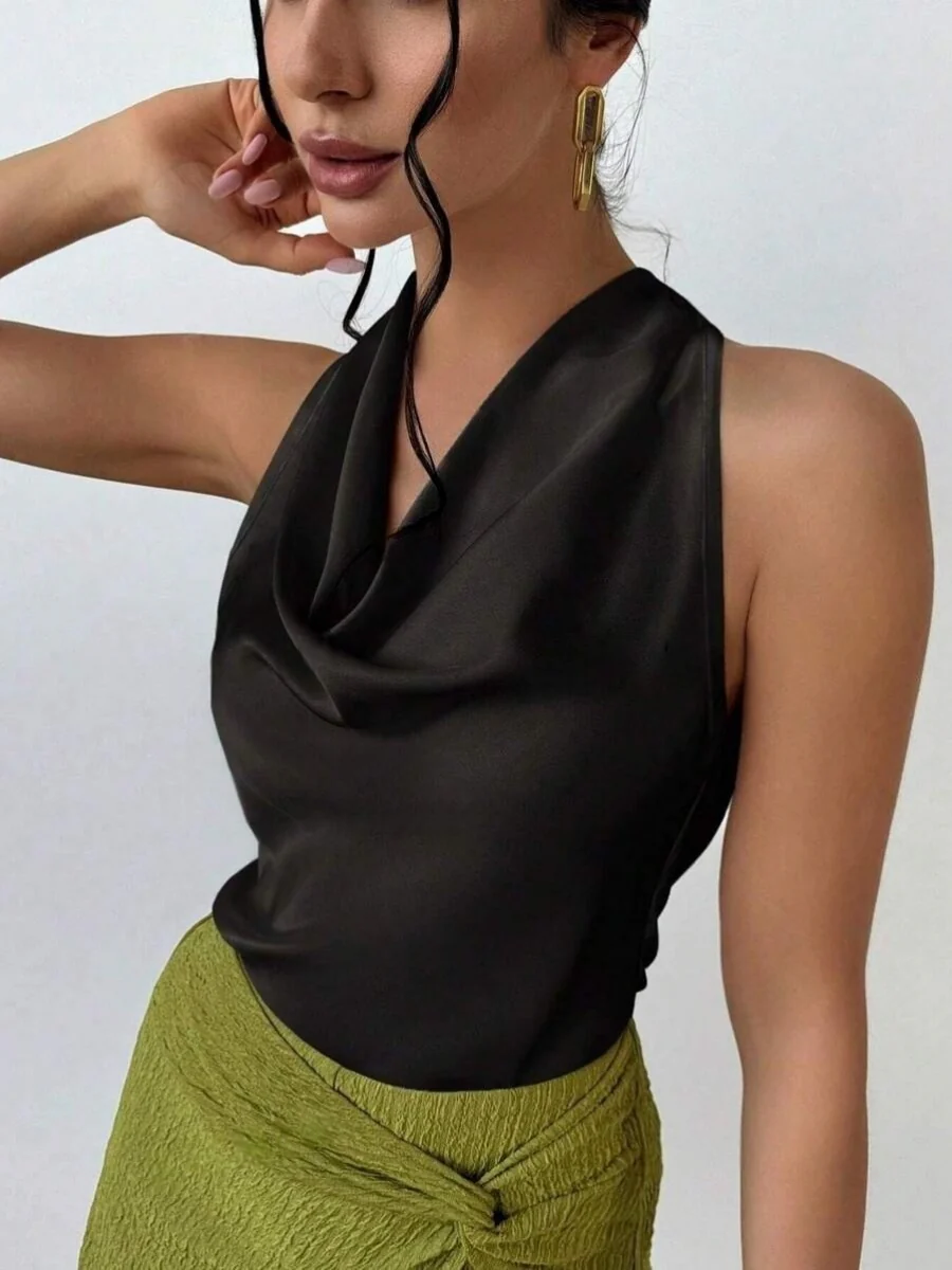 Pleats Solid Color Sexy Sleeveless Satin Satin Vest - Image 14