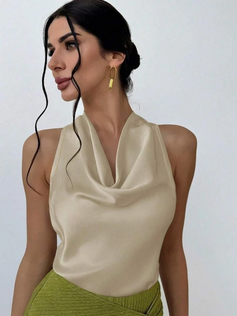 Pleats Solid Color Sexy Sleeveless Satin Satin Vest - Image 15