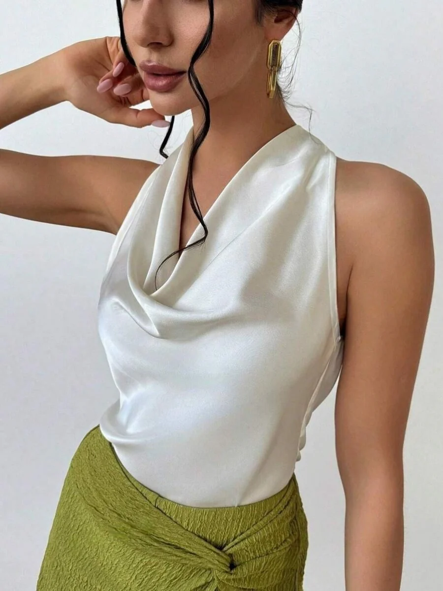 Pleats Solid Color Sexy Sleeveless Satin Satin Vest - Image 2