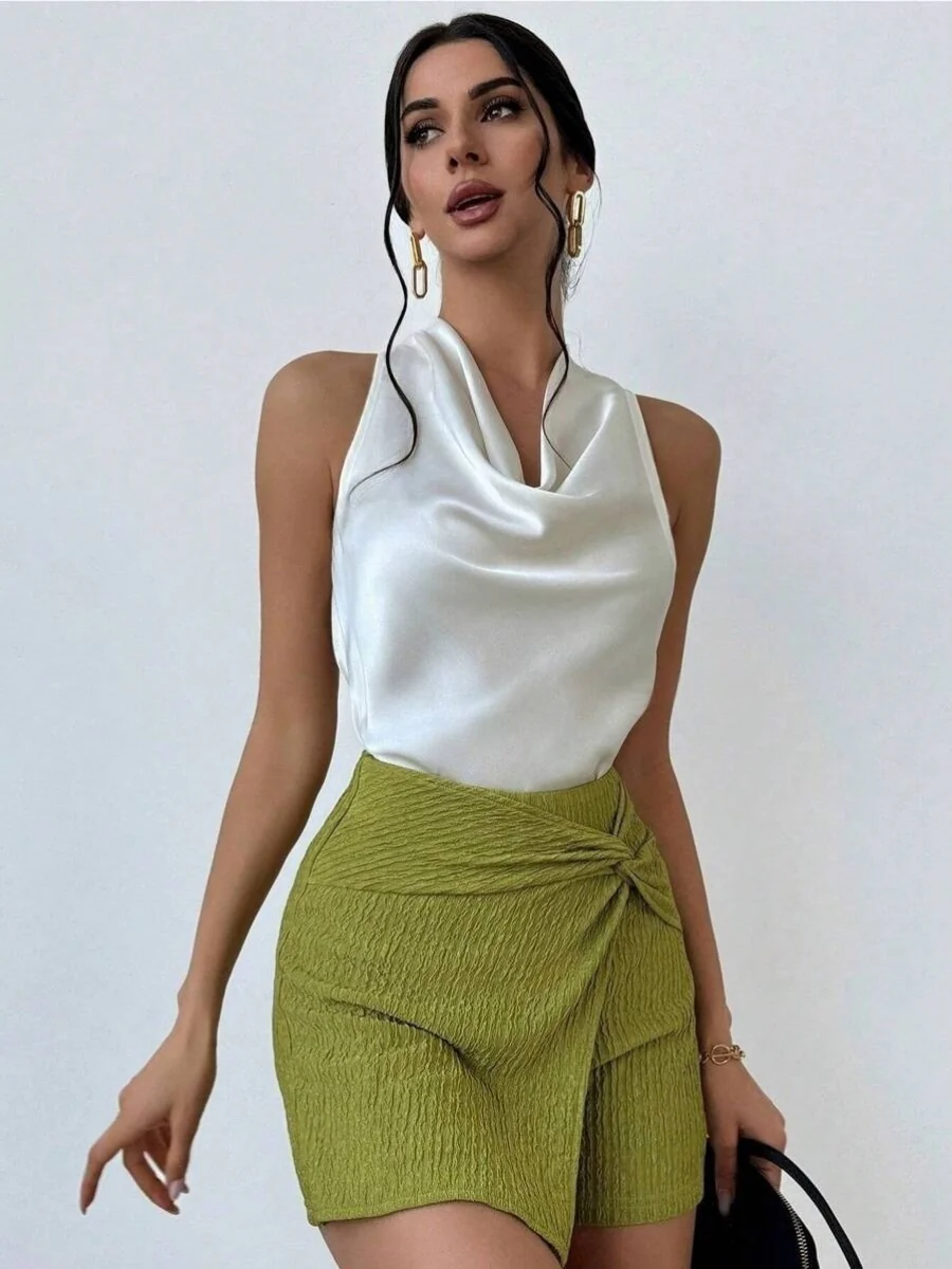 Pleats Solid Color Sexy Sleeveless Satin Satin Vest - Image 3