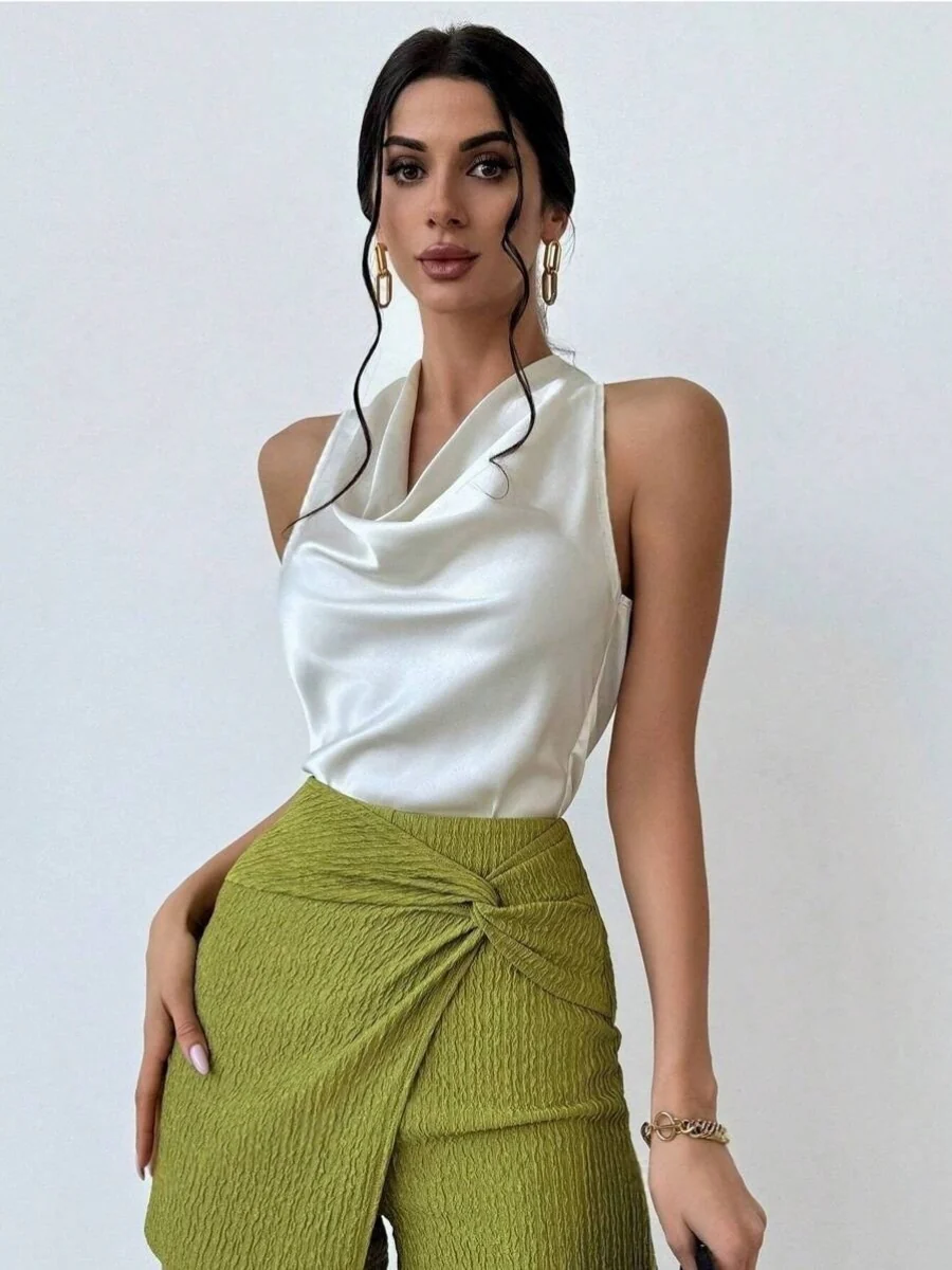 Pleats Solid Color Sexy Sleeveless Satin Satin Vest - Image 4