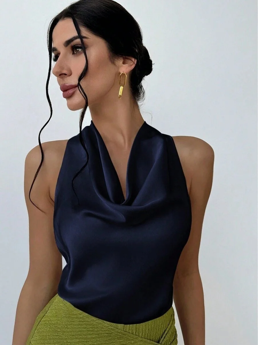 Pleats Solid Color Sexy Sleeveless Satin Satin Vest - Image 5