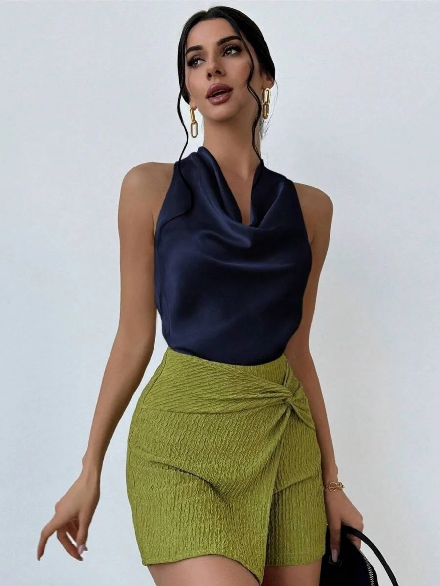 Pleats Solid Color Sexy Sleeveless Satin Satin Vest - Image 7