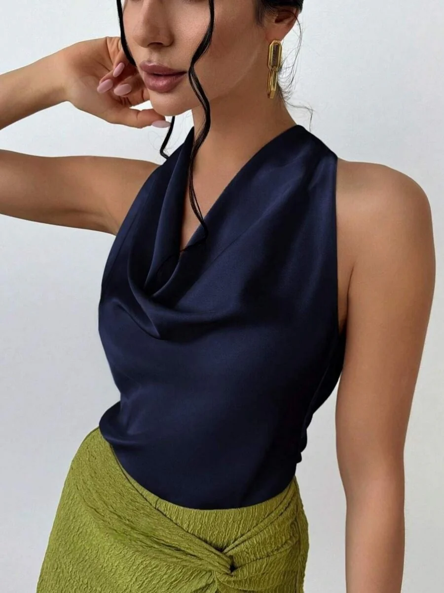 Pleats Solid Color Sexy Sleeveless Satin Satin Vest - Image 8