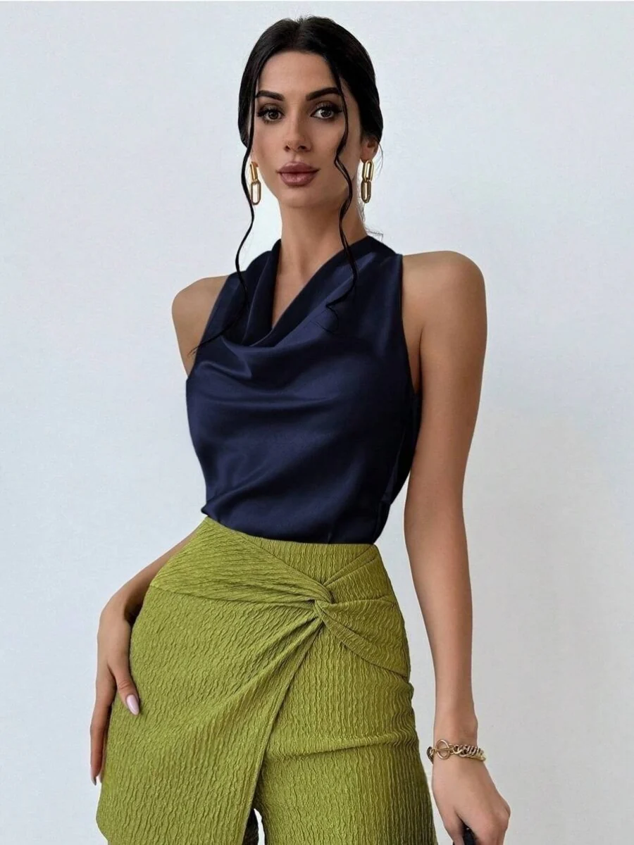 Pleats Solid Color Sexy Sleeveless Satin Satin Vest - Image 9